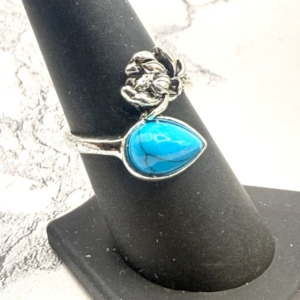 Turquoise Color Marbled Glass Flower Ring Silver Tone‎ Size 7.5